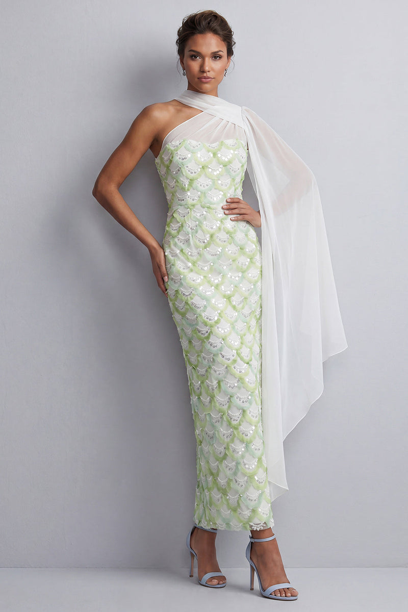 Load image into Gallery viewer, Light Green Sheath Sequins Sparkly Long Mother of the Bride Dress with Side Cape