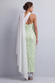 Light Green Sheath Sequins Sparkly Long Mother of the Bride Dress with Side Cape
