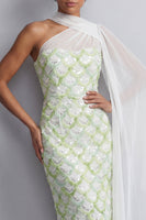 Load image into Gallery viewer, Light Green Sheath Sequins Sparkly Long Mother of the Bride Dress with Side Cape