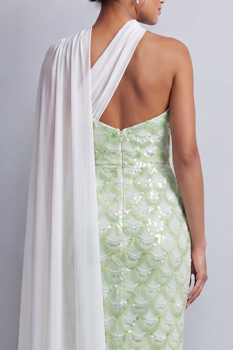 Load image into Gallery viewer, Light Green Sheath Sequins Sparkly Long Mother of the Bride Dress with Side Cape