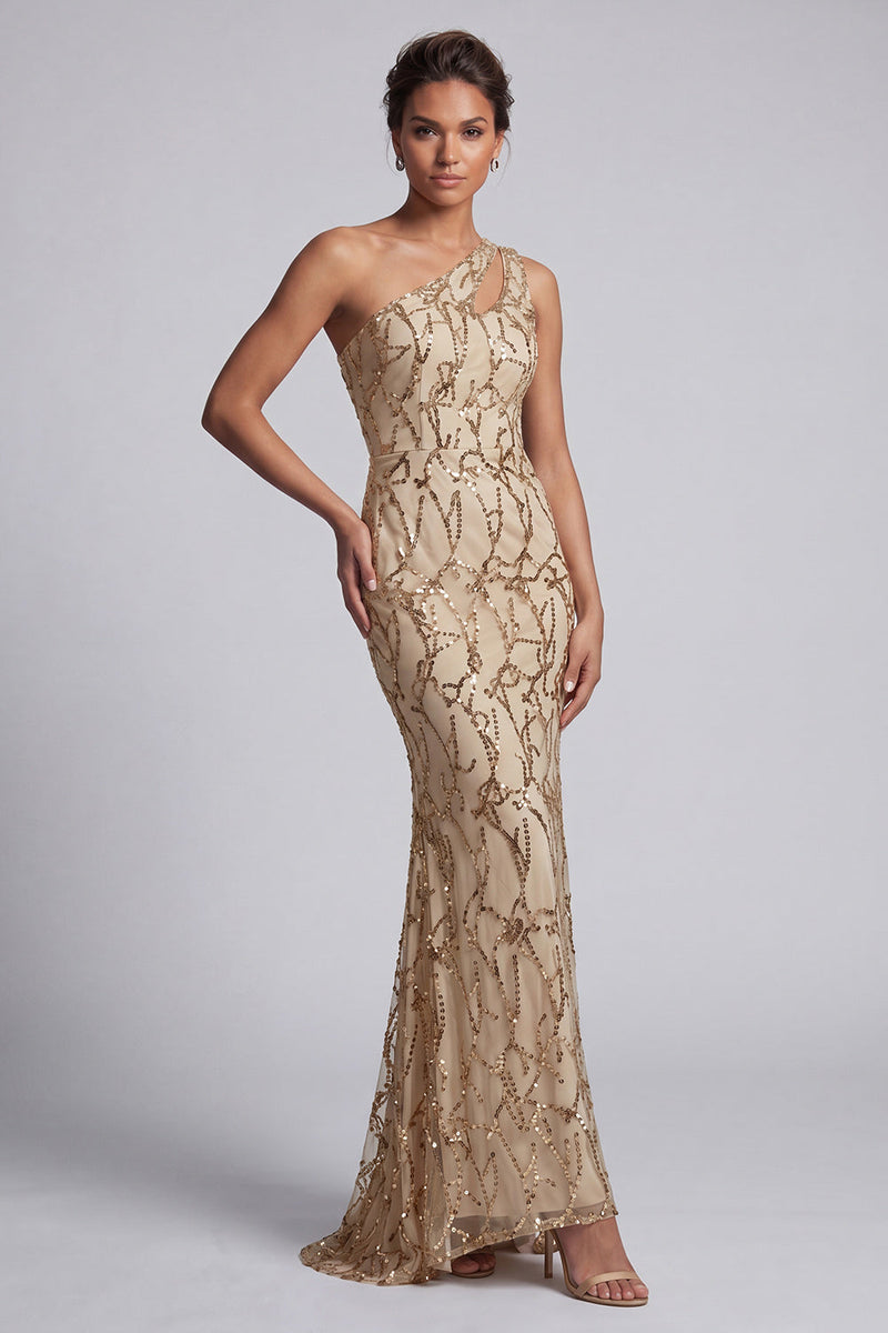 Load image into Gallery viewer, Sparkly Champagne Sequin Mermaid Long Mother of the Bride Dress with Keyhole