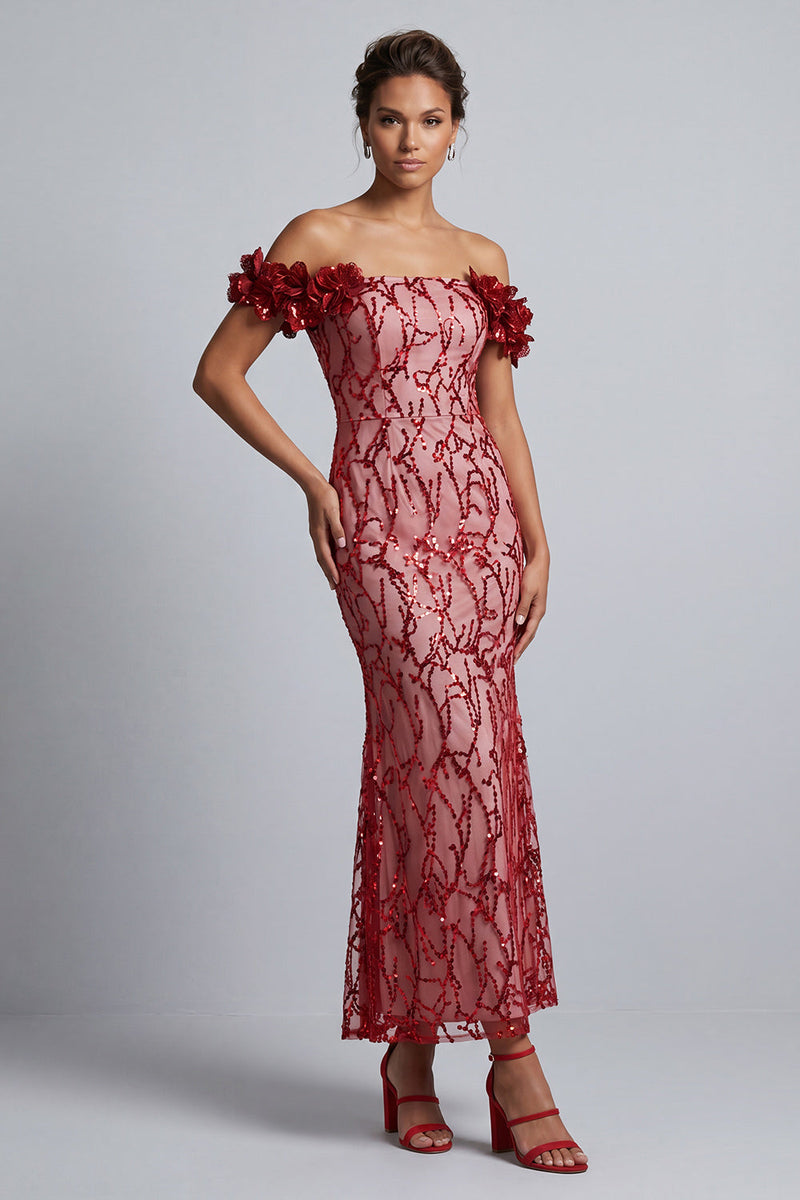 Load image into Gallery viewer, Sparkly Pink Sequin Mermaid Long Mother of the Bride Dress with 3D Flowers