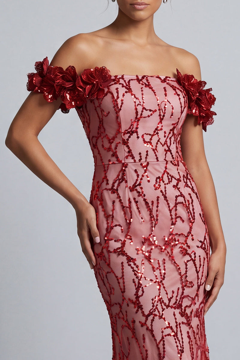 Load image into Gallery viewer, Sparkly Pink Sequin Mermaid Long Mother of the Bride Dress with 3D Flowers