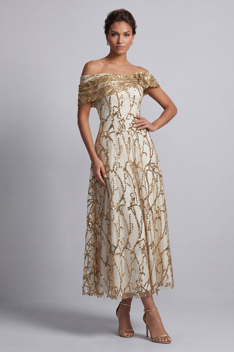 Load image into Gallery viewer, Sparkly Floral Champagne Beaded A-Line Long Mother of the Bride Dress