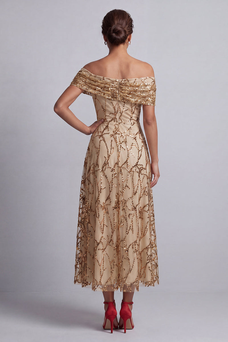 Load image into Gallery viewer, Sparkly Floral Champagne Beaded A-Line Long Mother of the Bride Dress