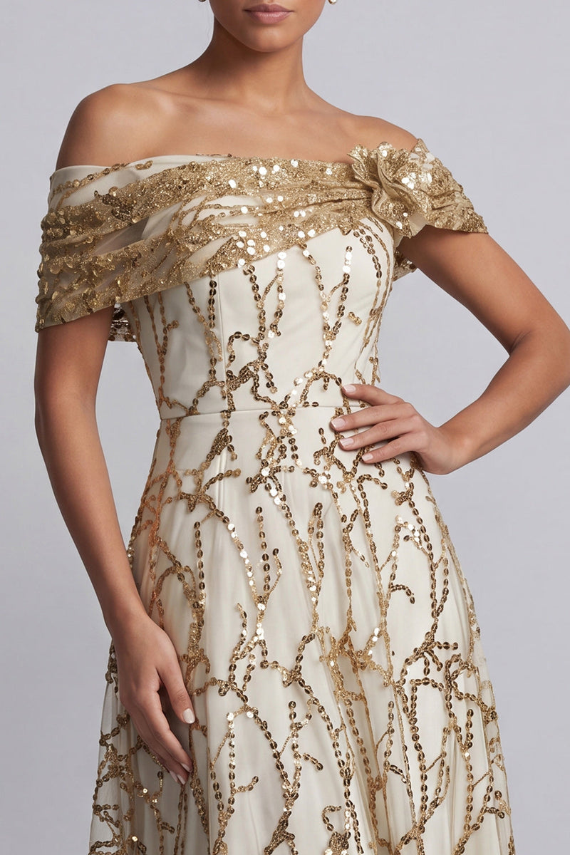 Load image into Gallery viewer, Sparkly Floral Champagne Beaded A-Line Long Mother of the Bride Dress