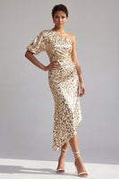 Load image into Gallery viewer, Champagne Sparkly Mermaid Sequin Asymmetrical Mother of the Bride Dress with Sleeve