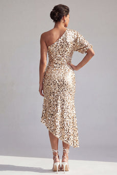 Champagne Sparkly Mermaid Sequin Asymmetrical Mother of the Bride Dress with Sleeve