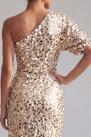 Load image into Gallery viewer, Champagne Sparkly Mermaid Sequin Asymmetrical Mother of the Bride Dress with Sleeve