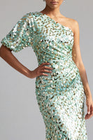 Load image into Gallery viewer, Champagne Sparkly Mermaid Sequin Asymmetrical Mother of the Bride Dress with Sleeve