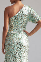 Load image into Gallery viewer, Champagne Sparkly Mermaid Sequin Asymmetrical Mother of the Bride Dress with Sleeve