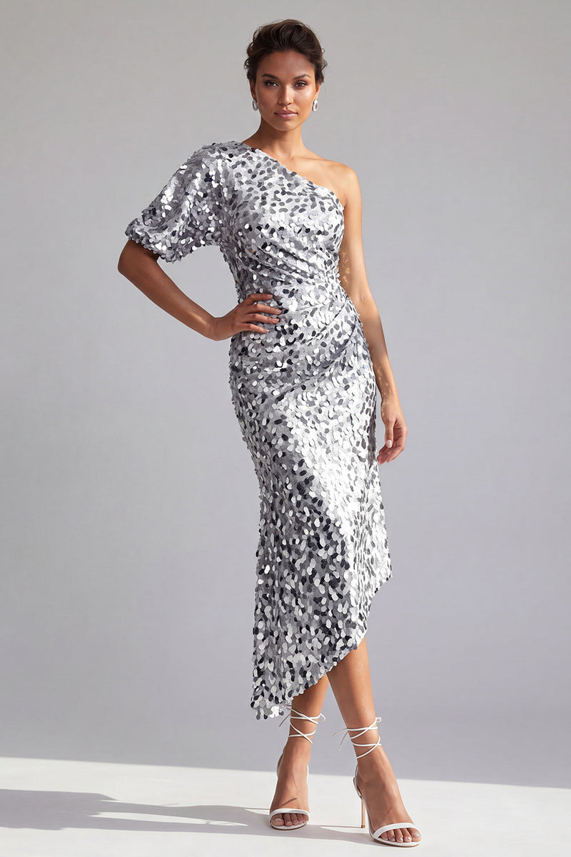 Load image into Gallery viewer, Champagne Sparkly Mermaid Sequin Asymmetrical Mother of the Bride Dress with Sleeve