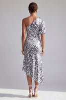 Load image into Gallery viewer, Champagne Sparkly Mermaid Sequin Asymmetrical Mother of the Bride Dress with Sleeve