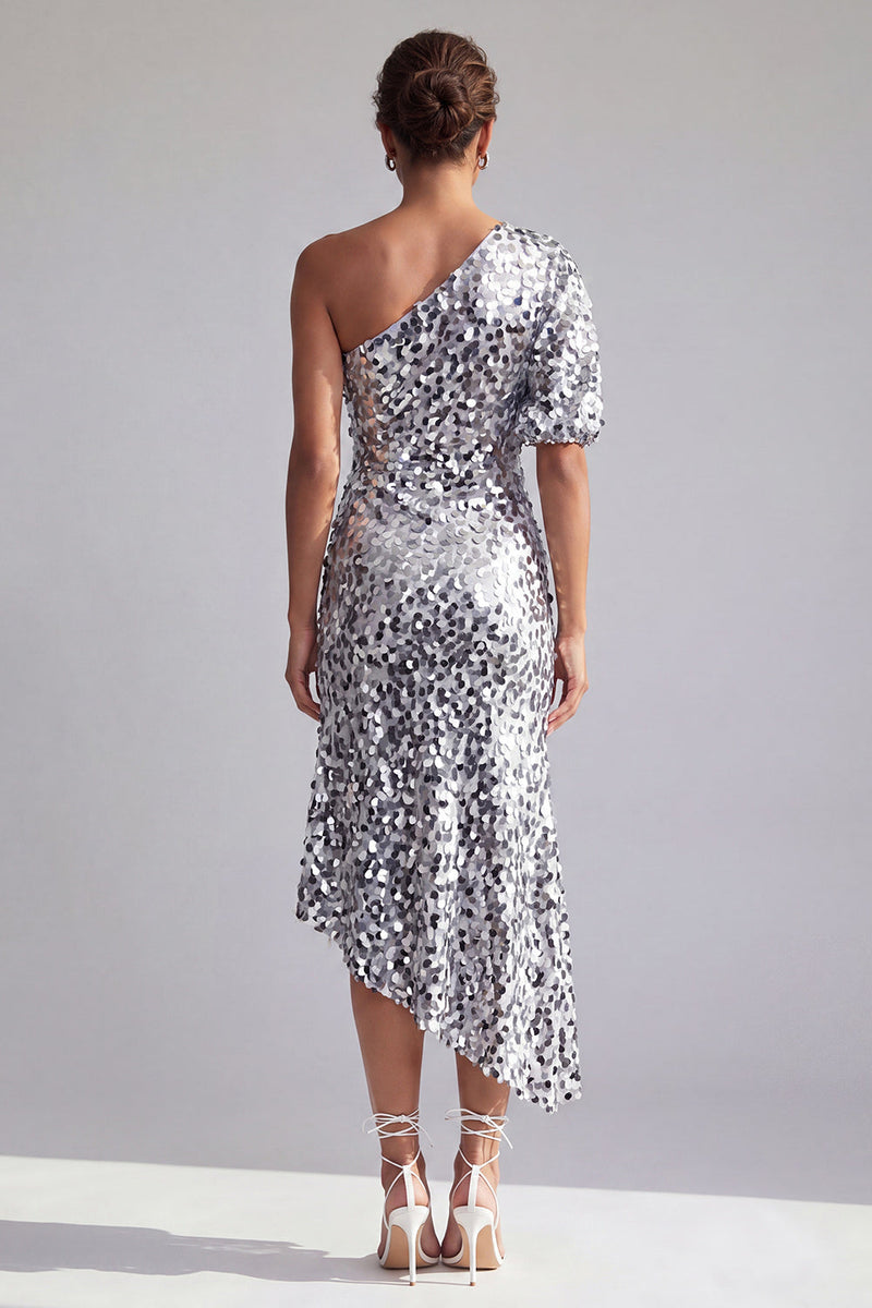 Load image into Gallery viewer, Champagne Sparkly Mermaid Sequin Asymmetrical Mother of the Bride Dress with Sleeve