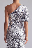 Load image into Gallery viewer, Champagne Sparkly Mermaid Sequin Asymmetrical Mother of the Bride Dress with Sleeve