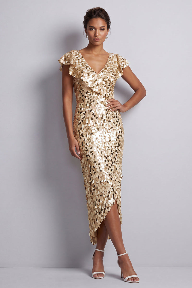 Load image into Gallery viewer, Green Sparkly Sheath Sequin High-Low Mother of the Bride Dress with Ruffles