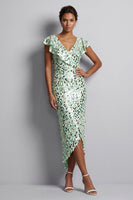 Load image into Gallery viewer, Green Sparkly Sheath Sequin High-Low Mother of the Bride Dress with Ruffles
