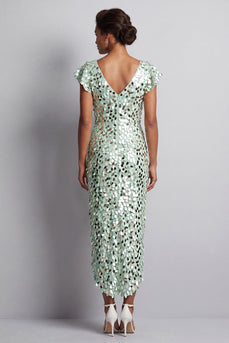 Green Sparkly Sheath Sequin High-Low Mother of the Bride Dress with Ruffles