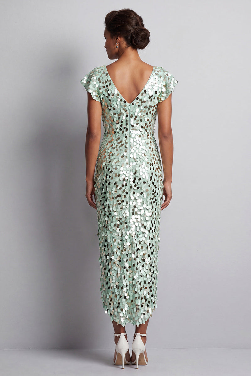 Load image into Gallery viewer, Green Sparkly Sheath Sequin High-Low Mother of the Bride Dress with Ruffles