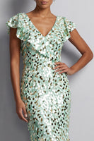 Load image into Gallery viewer, Green Sparkly Sheath Sequin High-Low Mother of the Bride Dress with Ruffles