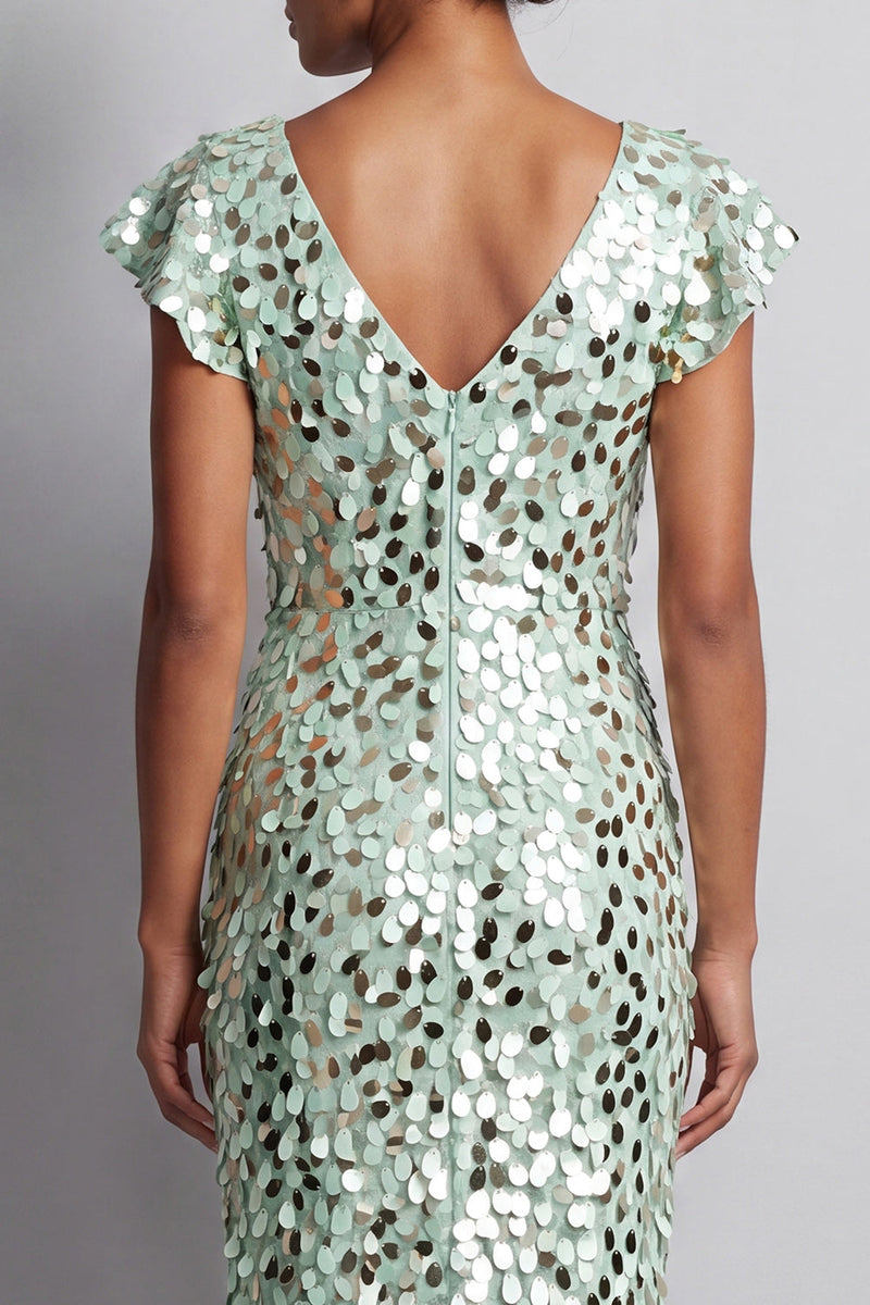 Load image into Gallery viewer, Green Sparkly Sheath Sequin High-Low Mother of the Bride Dress with Ruffles