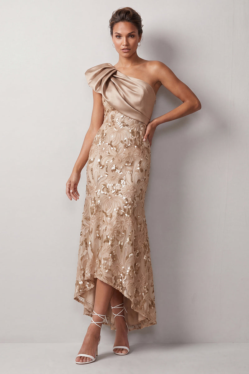 Load image into Gallery viewer, Floral Champagne Sparkly Sequin One Shoulder High-Low Mother of the Bride Dress