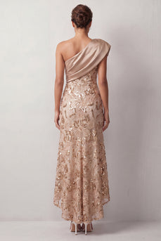 Floral Champagne Sparkly Sequin One Shoulder High-Low Mother of the Bride Dress