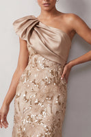 Load image into Gallery viewer, Floral Champagne Sparkly Sequin One Shoulder High-Low Mother of the Bride Dress