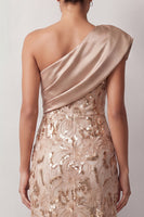 Load image into Gallery viewer, Floral Champagne Sparkly Sequin One Shoulder High-Low Mother of the Bride Dress