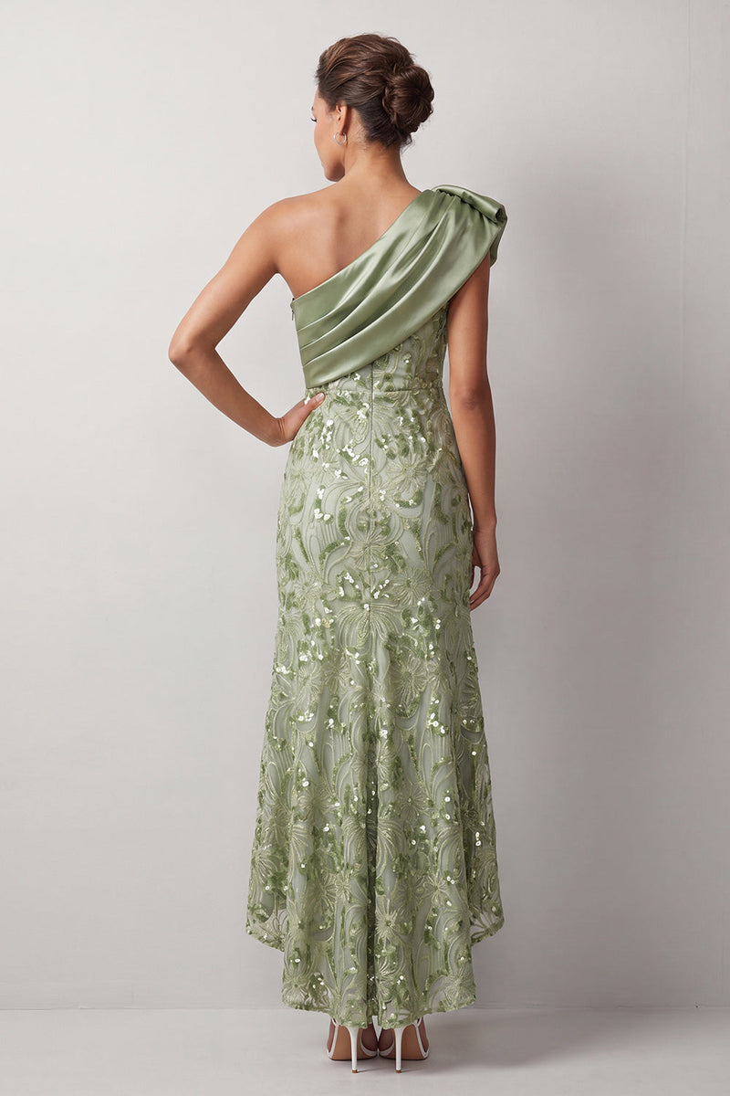 Load image into Gallery viewer, Floral Champagne Sparkly Sequin One Shoulder High-Low Mother of the Bride Dress