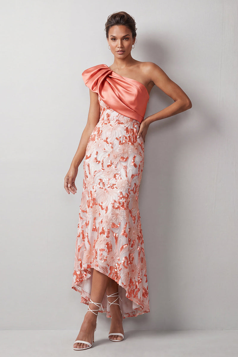 Load image into Gallery viewer, Floral Champagne Sparkly Sequin One Shoulder High-Low Mother of the Bride Dress