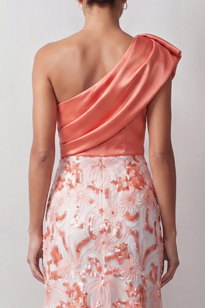 Load image into Gallery viewer, Floral Champagne Sparkly Sequin One Shoulder High-Low Mother of the Bride Dress