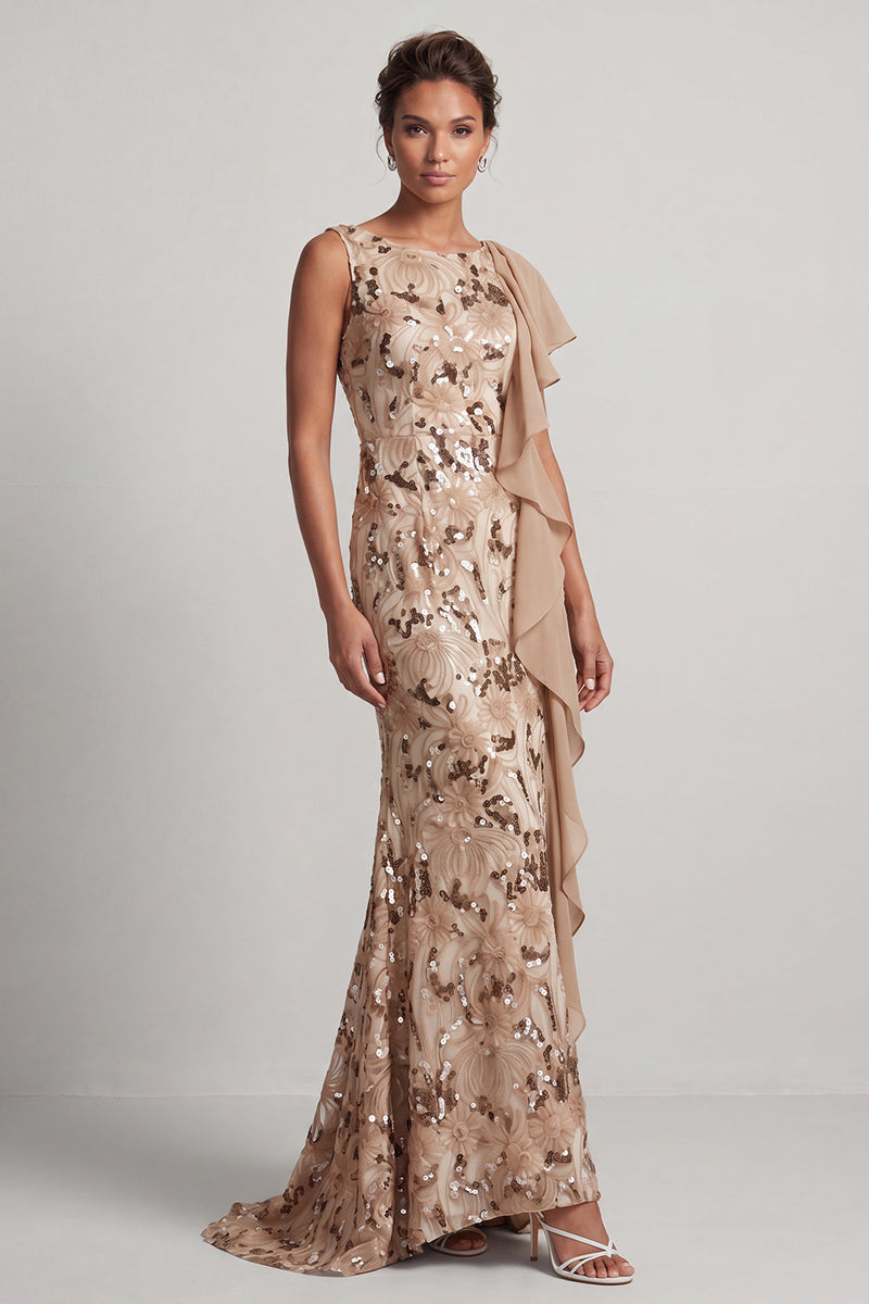 Load image into Gallery viewer, Sparkly Floral Champagne Sequin Mermaid Ruffled Long Mother of the Bride Dress
