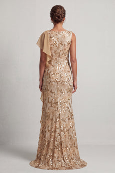 Sparkly Floral Champagne Sequin Mermaid Ruffled Long Mother of the Bride Dress