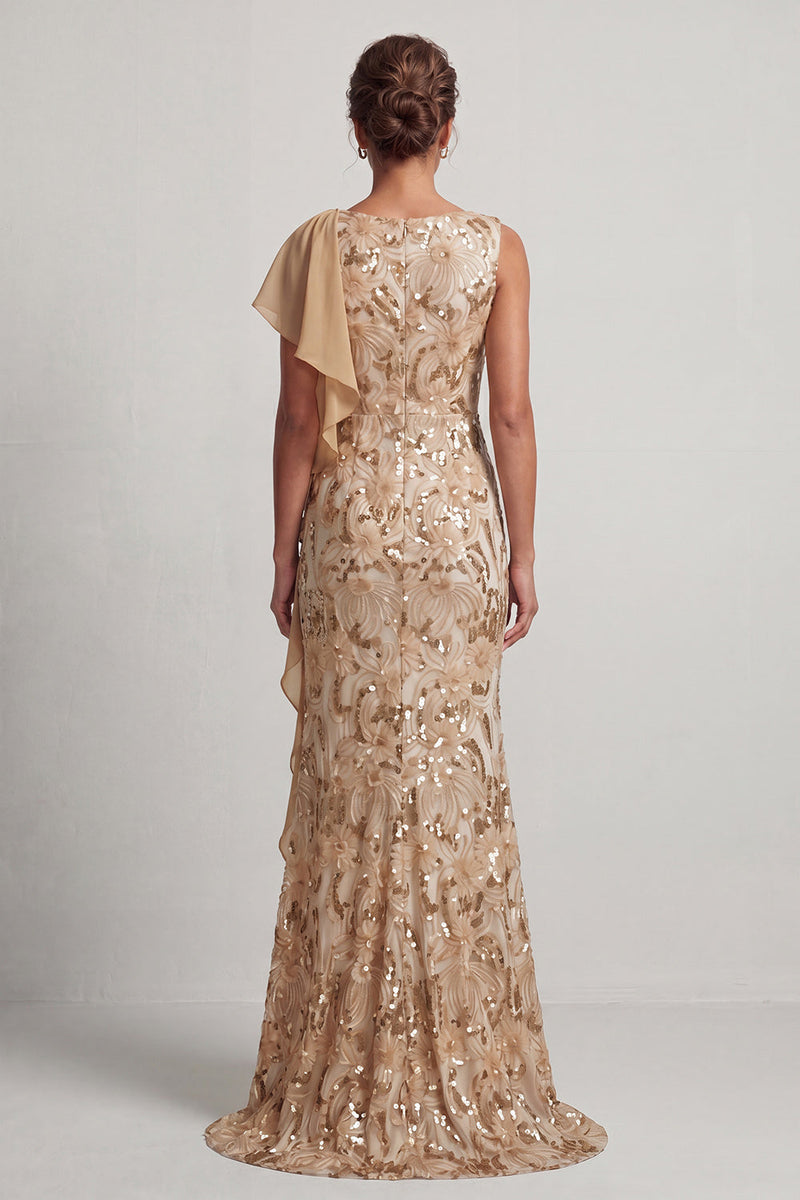Load image into Gallery viewer, Sparkly Floral Champagne Sequin Mermaid Ruffled Long Mother of the Bride Dress