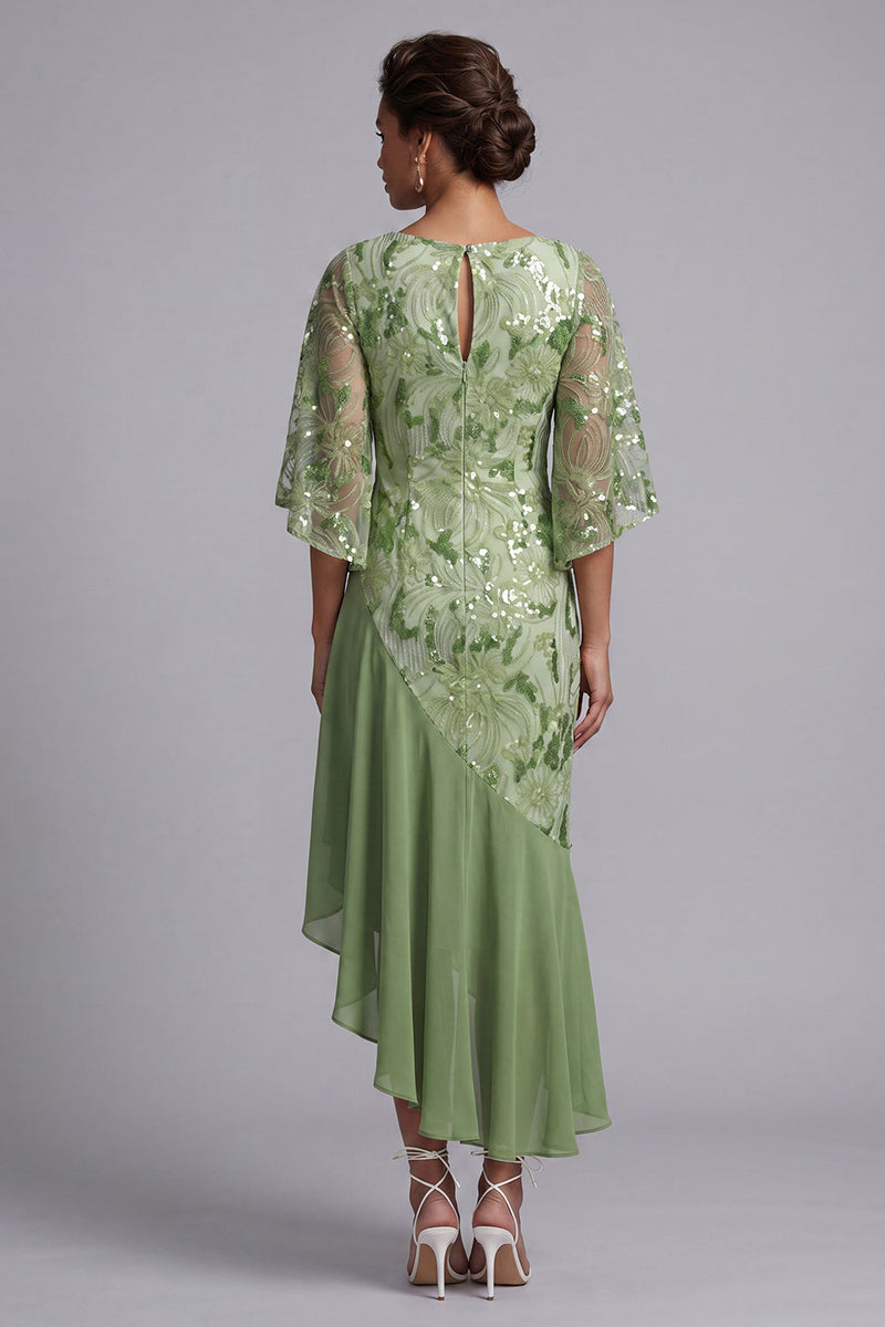 Load image into Gallery viewer, Green Floral Sparkly Sequin Mermaid Asymmetrical Mother of the Bride Dress
