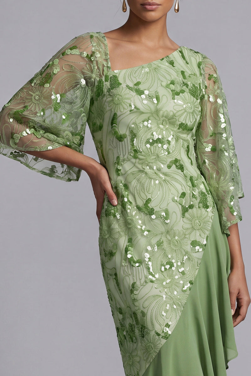 Load image into Gallery viewer, Green Floral Sparkly Sequin Mermaid Asymmetrical Mother of the Bride Dress