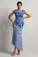 Load image into Gallery viewer, Sparkly Floral Blue Ruched Beaded Mermaid Long Mother of the Bride Dress