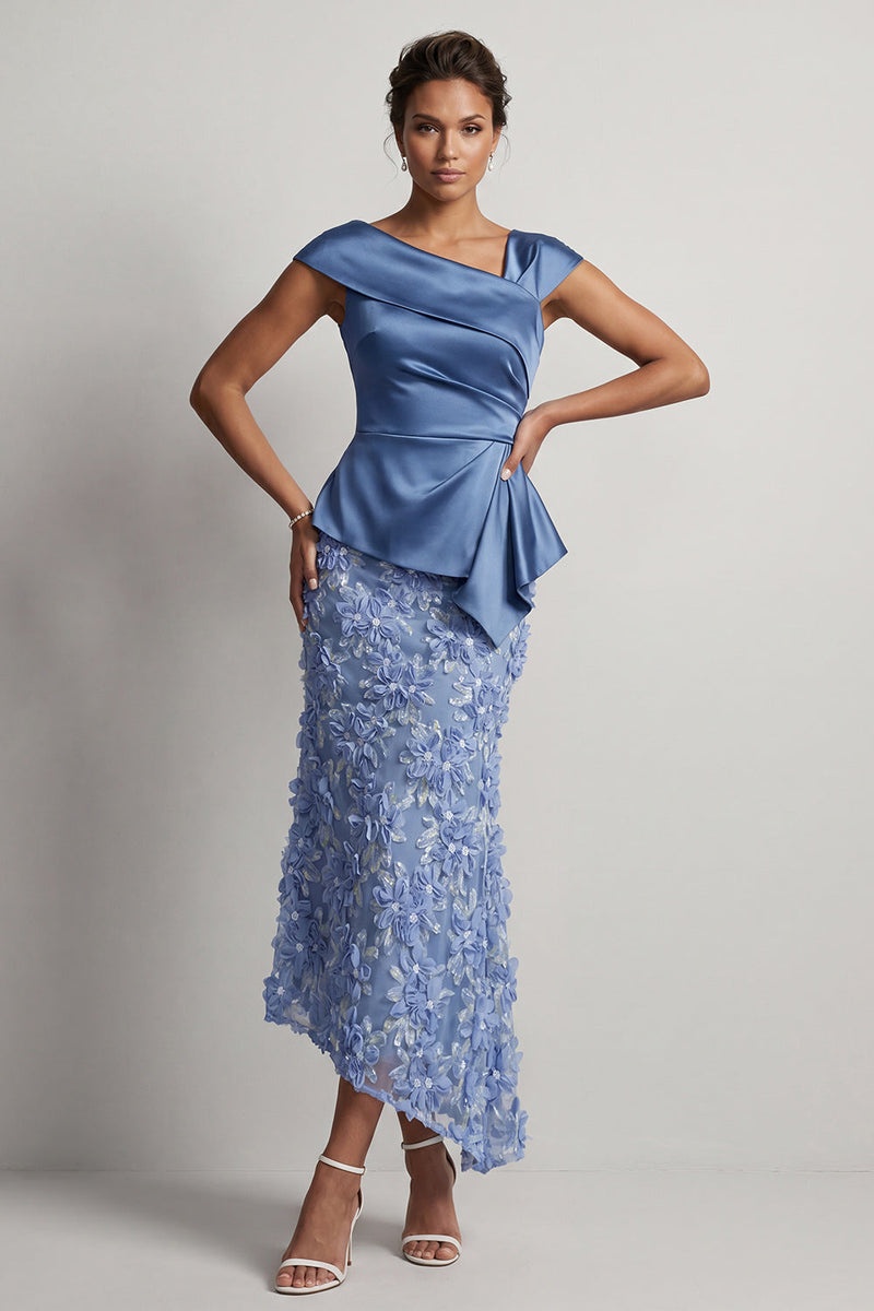 Load image into Gallery viewer, Sparkly Floral Blue Ruched Beaded Mermaid Long Mother of the Bride Dress