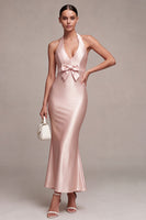 Load image into Gallery viewer, Dark Pink Satin Halter Mermaid Maxi Wedding Guest Dress with Bow