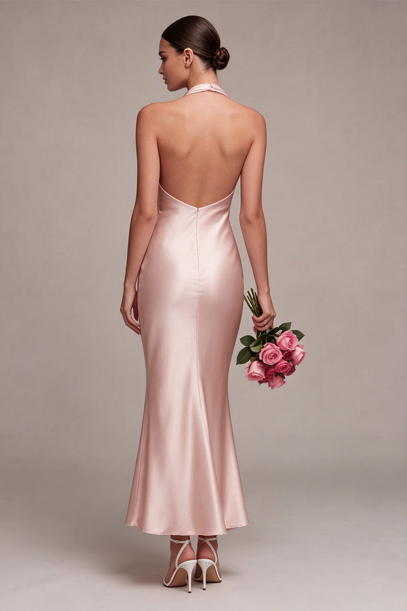 Load image into Gallery viewer, Dark Pink Satin Halter Mermaid Maxi Wedding Guest Dress with Bow