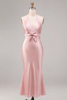 Load image into Gallery viewer, Dark Pink Satin Halter Mermaid Maxi Wedding Guest Dress with Bow