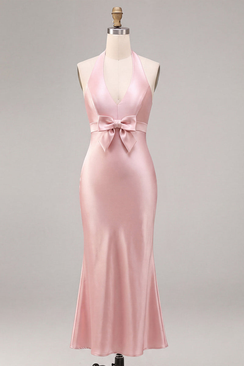 Load image into Gallery viewer, Dark Pink Satin Halter Mermaid Maxi Wedding Guest Dress with Bow