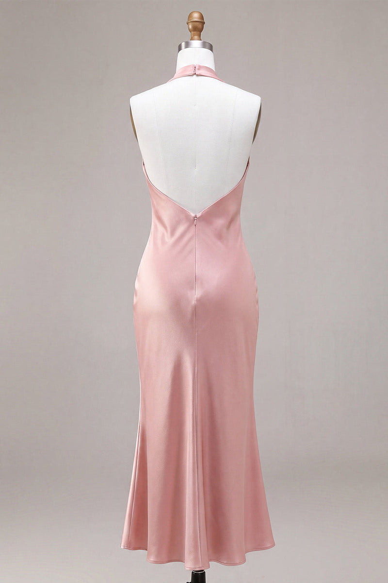 Load image into Gallery viewer, Dark Pink Satin Halter Mermaid Maxi Wedding Guest Dress with Bow