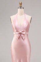 Load image into Gallery viewer, Dark Pink Satin Halter Mermaid Maxi Wedding Guest Dress with Bow