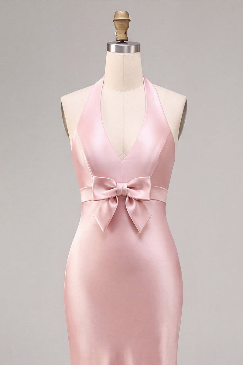 Load image into Gallery viewer, Dark Pink Satin Halter Mermaid Maxi Wedding Guest Dress with Bow