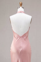 Load image into Gallery viewer, Dark Pink Satin Halter Mermaid Maxi Wedding Guest Dress with Bow