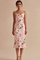 Load image into Gallery viewer, Floral Pink Cowl Neck Pencil Midi Wedding Guest Dress