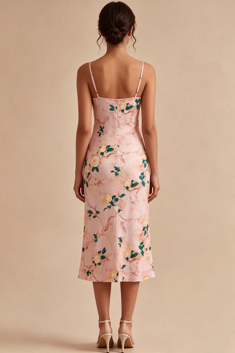 Load image into Gallery viewer, Floral Pink Cowl Neck Pencil Midi Wedding Guest Dress