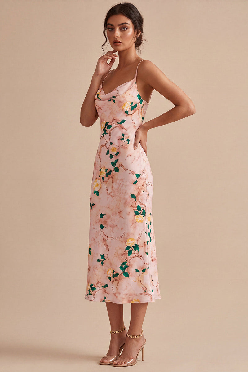 Load image into Gallery viewer, Floral Pink Cowl Neck Pencil Midi Wedding Guest Dress